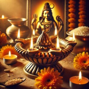 चार मुख वाला दीपक जलाते हुए व्यक्ति, जिसके चार दिशाओं में प्रकाश फैल रहा है