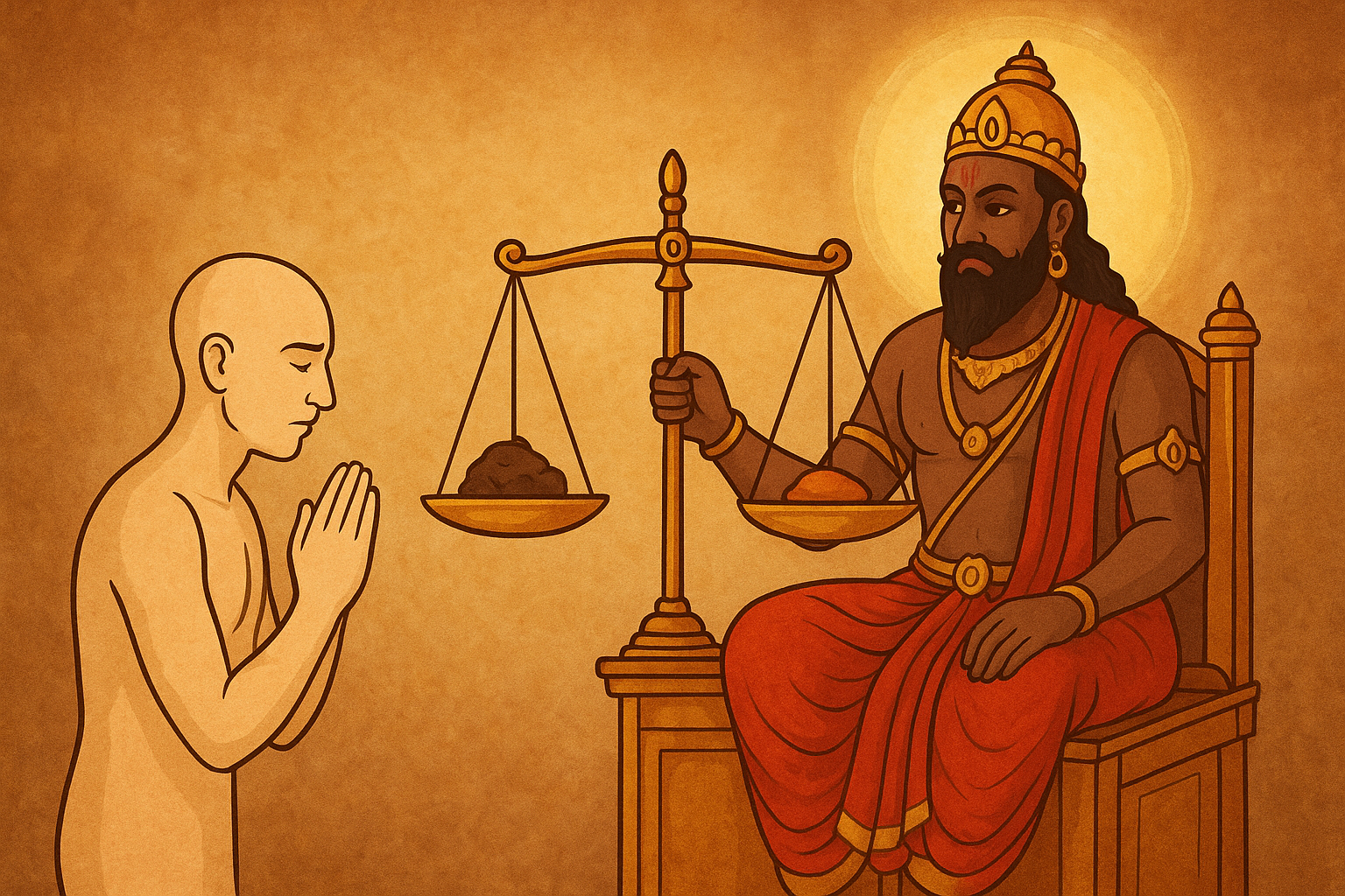 एक व्यक्ति कर्मों के तराजू में अपने अच्छे और बुरे कर्मों का फल तौलते हुए प्रतीकात्मक चित्र