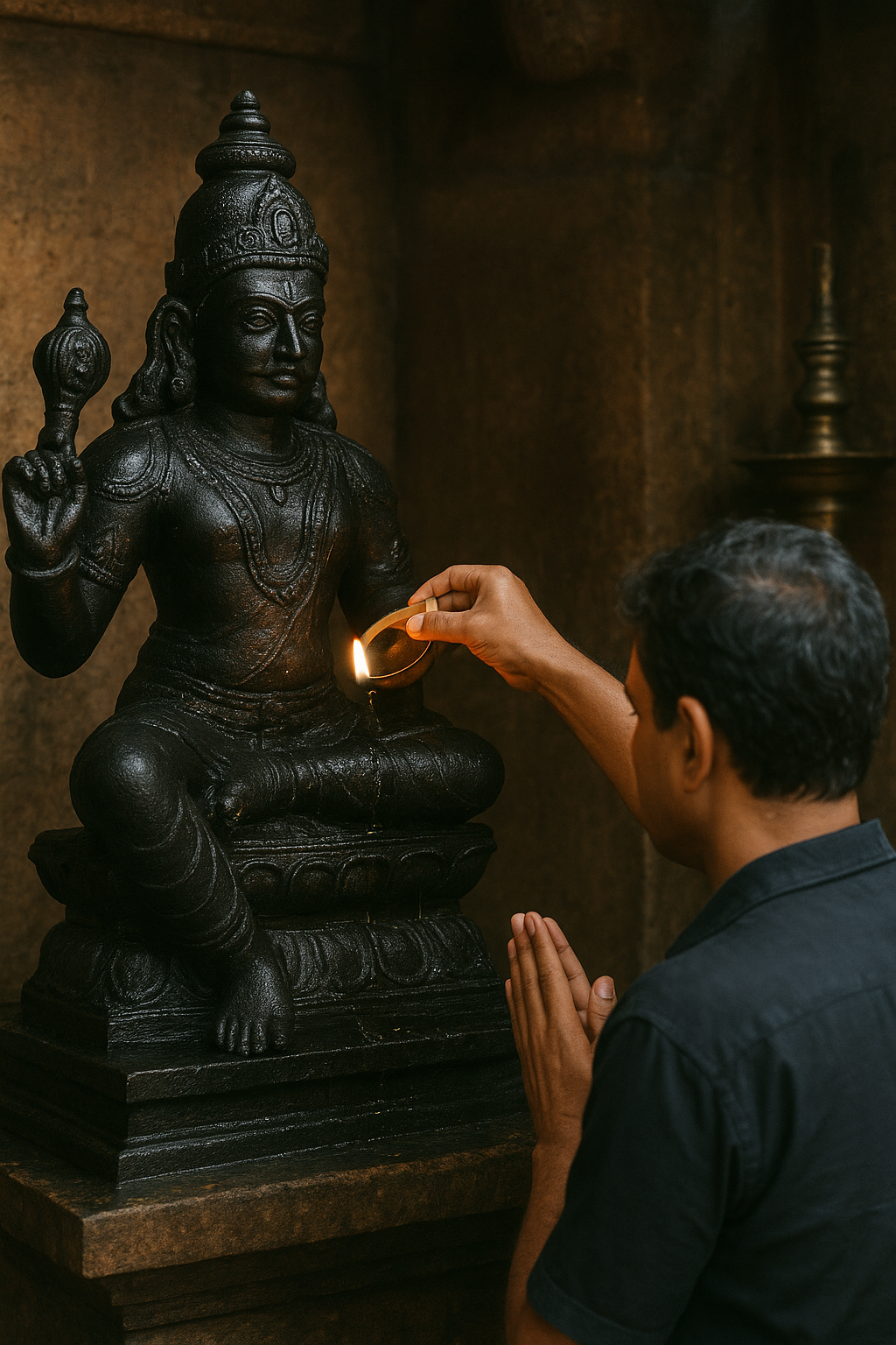 भक्त शनिवार को शनि देव के मंदिर में तेल चढ़ाते हुए