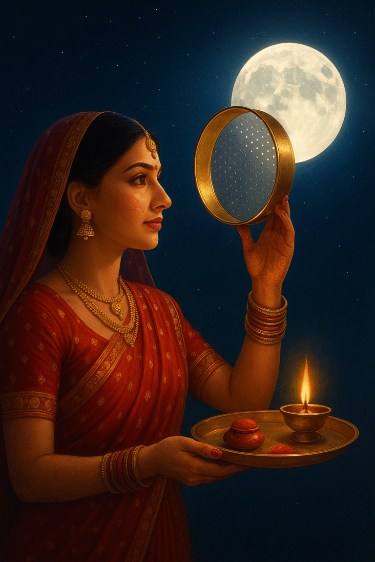 क्यों देखती हैं स्त्रियाँ करवा चौथ की रात चाँद को छलनी से — धर्म, आस्था और रहस्य की गहराई