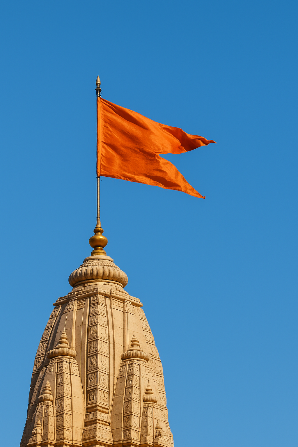 मंदिर के शिखर पर लगा हुआ केसरिया ध्वज हवा में लहराते हुए