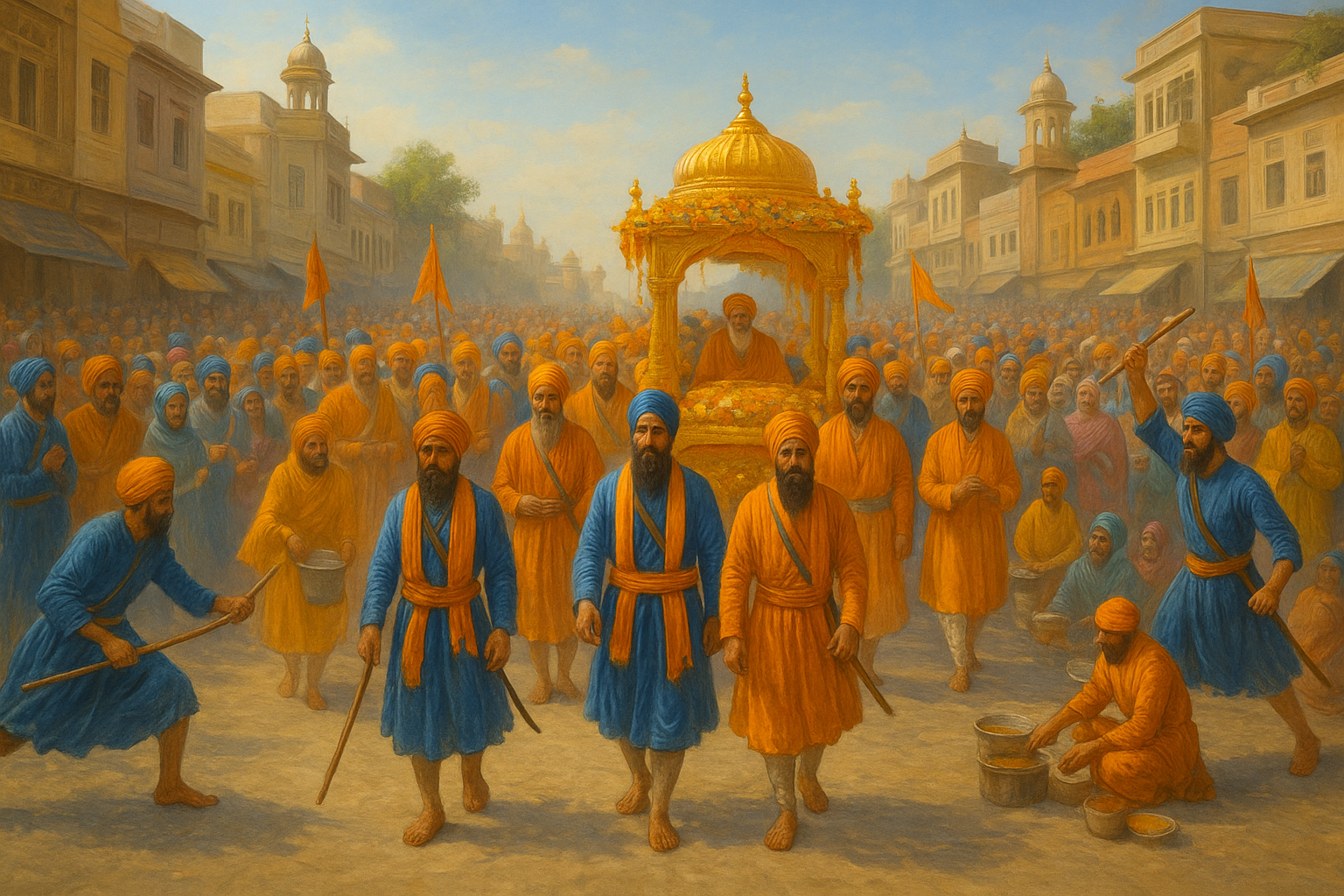 Large Sikh Nagar Kirtan procession with Panj Pyare leading and a decorated Palki Sahib during Guru Taj Bahadur Ji’s 350th Shaheedi Diwas.”