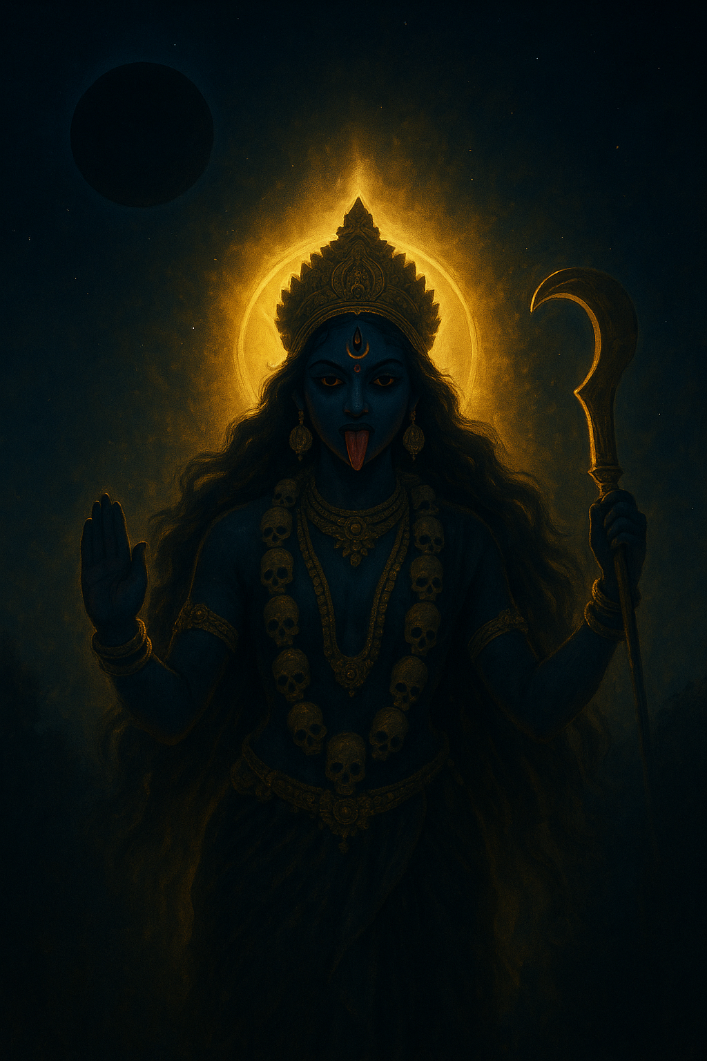 Dark night with divine aura symbolizing Kali Mata worship on Amavasya