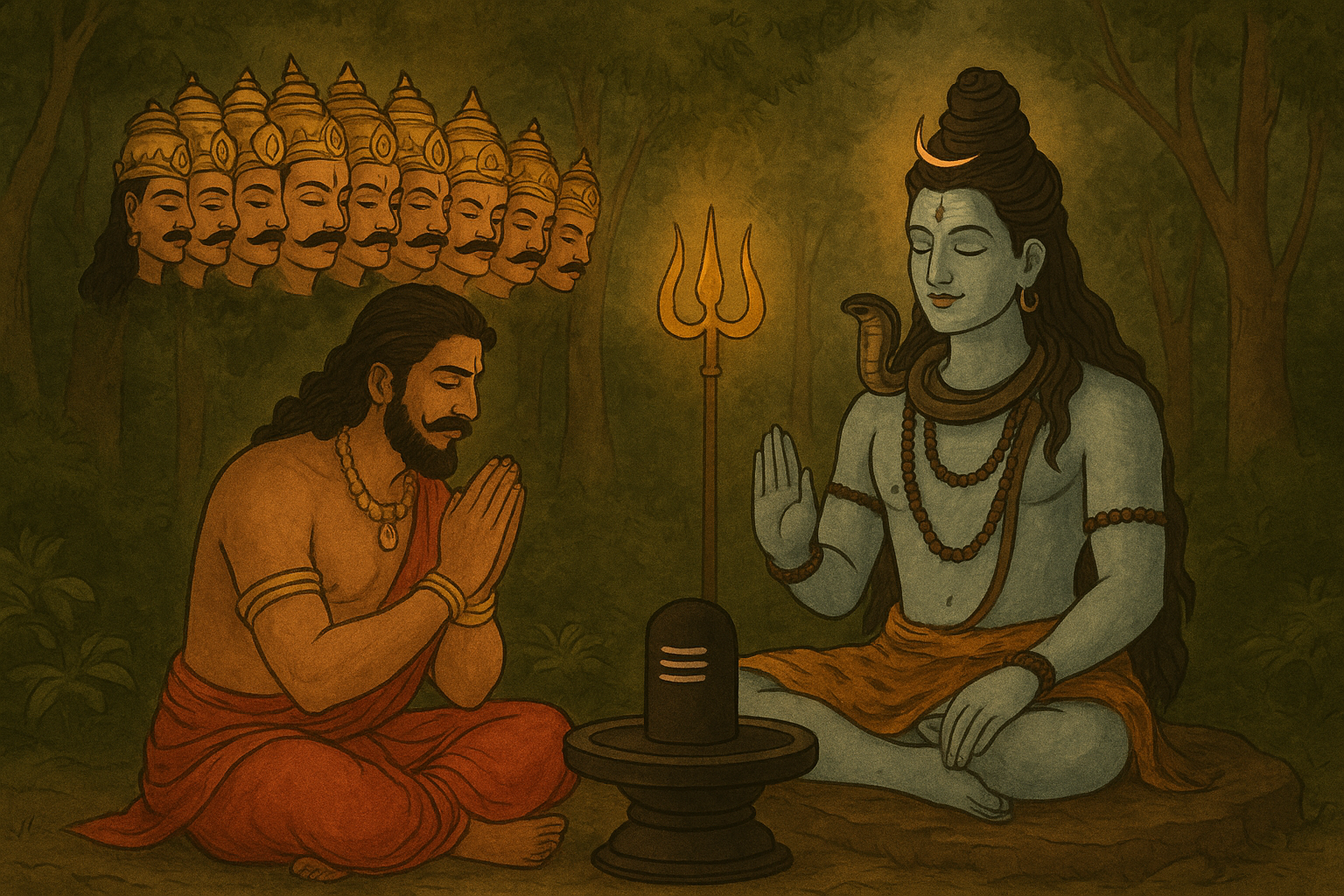 Ravana performing penance and worshipping Lord Shiva in a divine forest