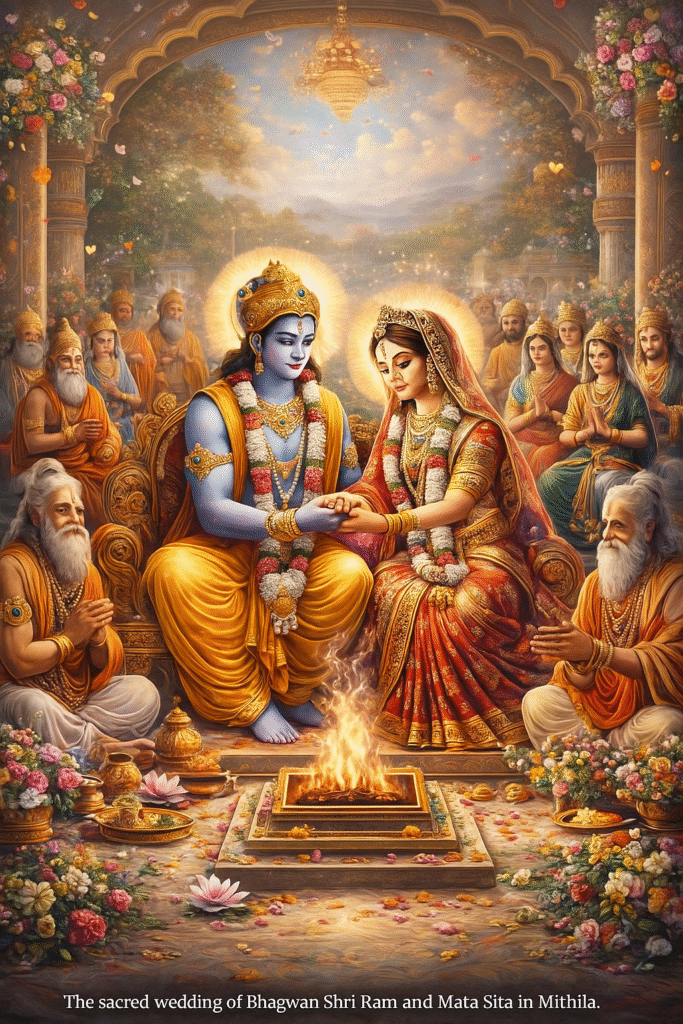 Lord Ram and Mata Sita performing vivah rituals with divine glow in Mithila.