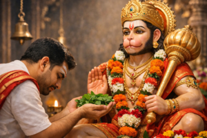 हनुमान जी को तुलसी चढ़ाते हुए भक्त, हनुमान पूजा में तुलसी का महत्व