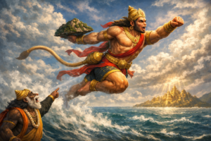 हनुमान जी समुद्र लांघते हुए, शक्ति स्मरण का दृश्य