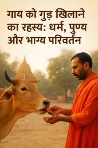 gaay ko gud khilate hue bhakt ki pavitra tasveer
