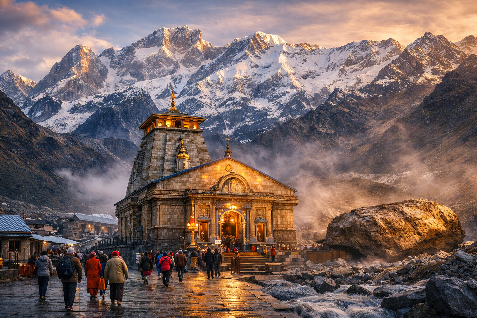 केदारनाथ मंदिर के पीछे स्थित भीम शिला का दृश्य