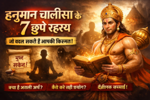 हनुमान चालीसा के 7 छुपे रहस्य दर्शाता हुआ भगवान हनुमान का दिव्य चित्र