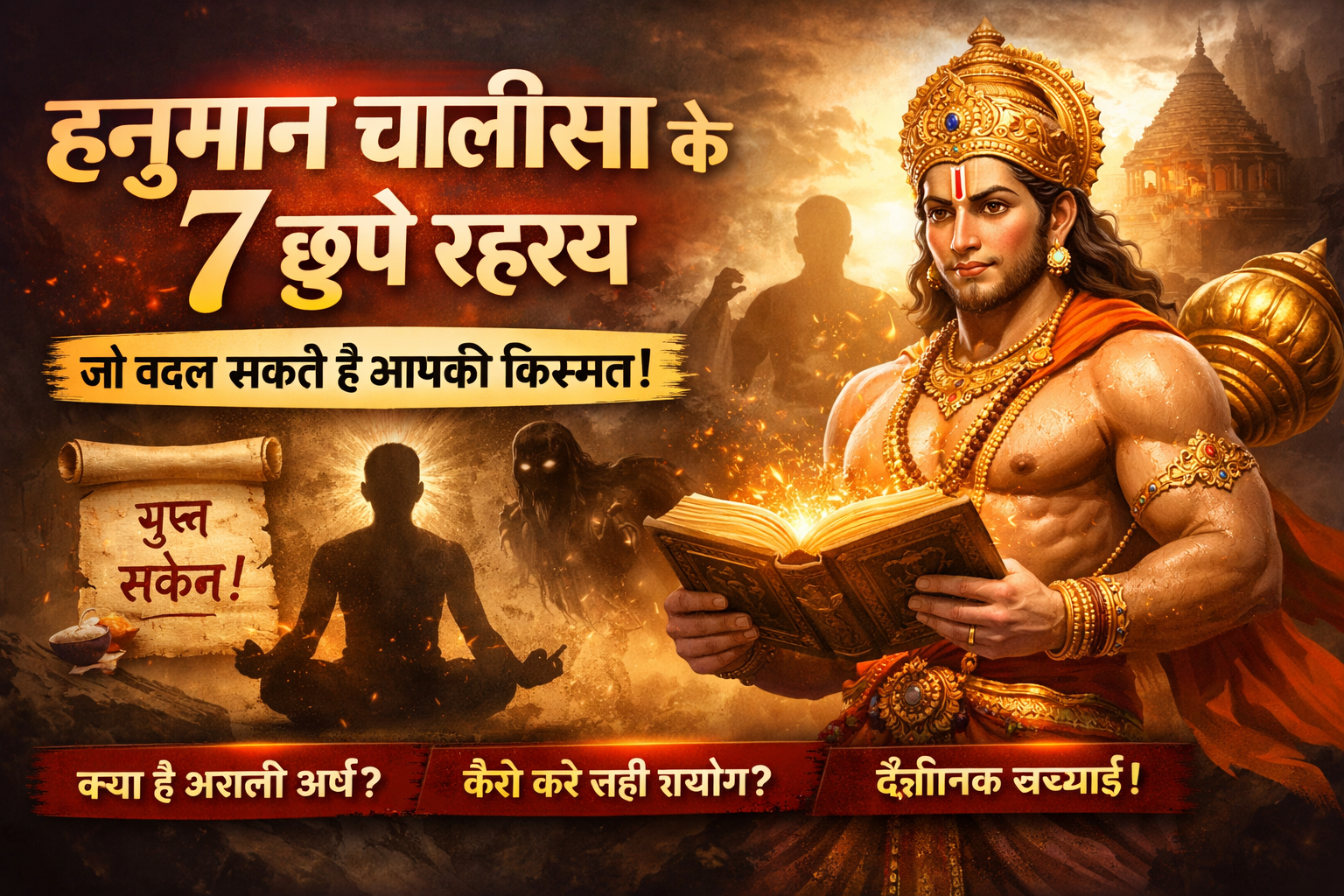 हनुमान चालीसा के 7 छुपे रहस्य दर्शाता हुआ भगवान हनुमान का दिव्य चित्र