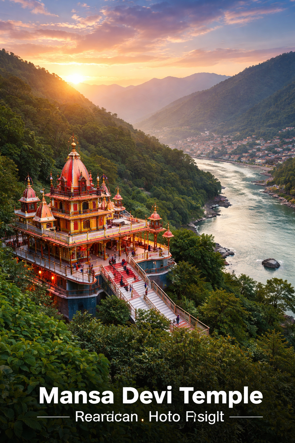 मनसा देवी मंदिर ऋषिकेश का पहाड़ी दृश्य और गंगा नदी के साथ