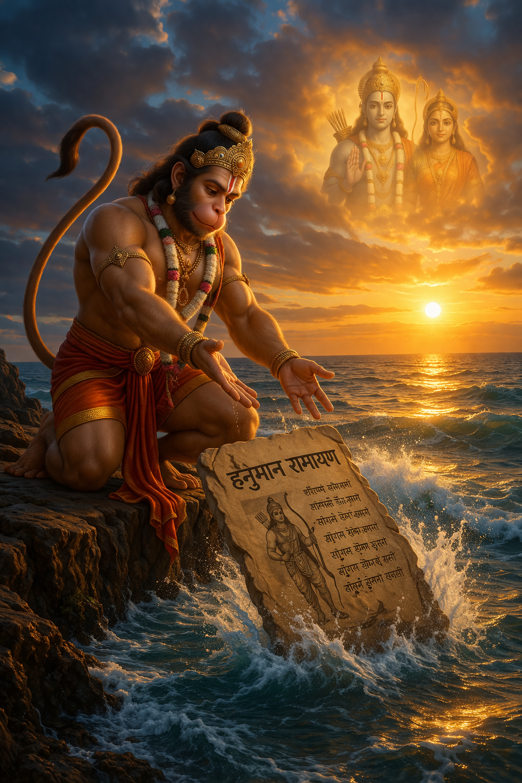 हनुमान जी समुद्र में रामायण फेंकते हुए – त्याग और भक्ति का प्रतीक दृश्य