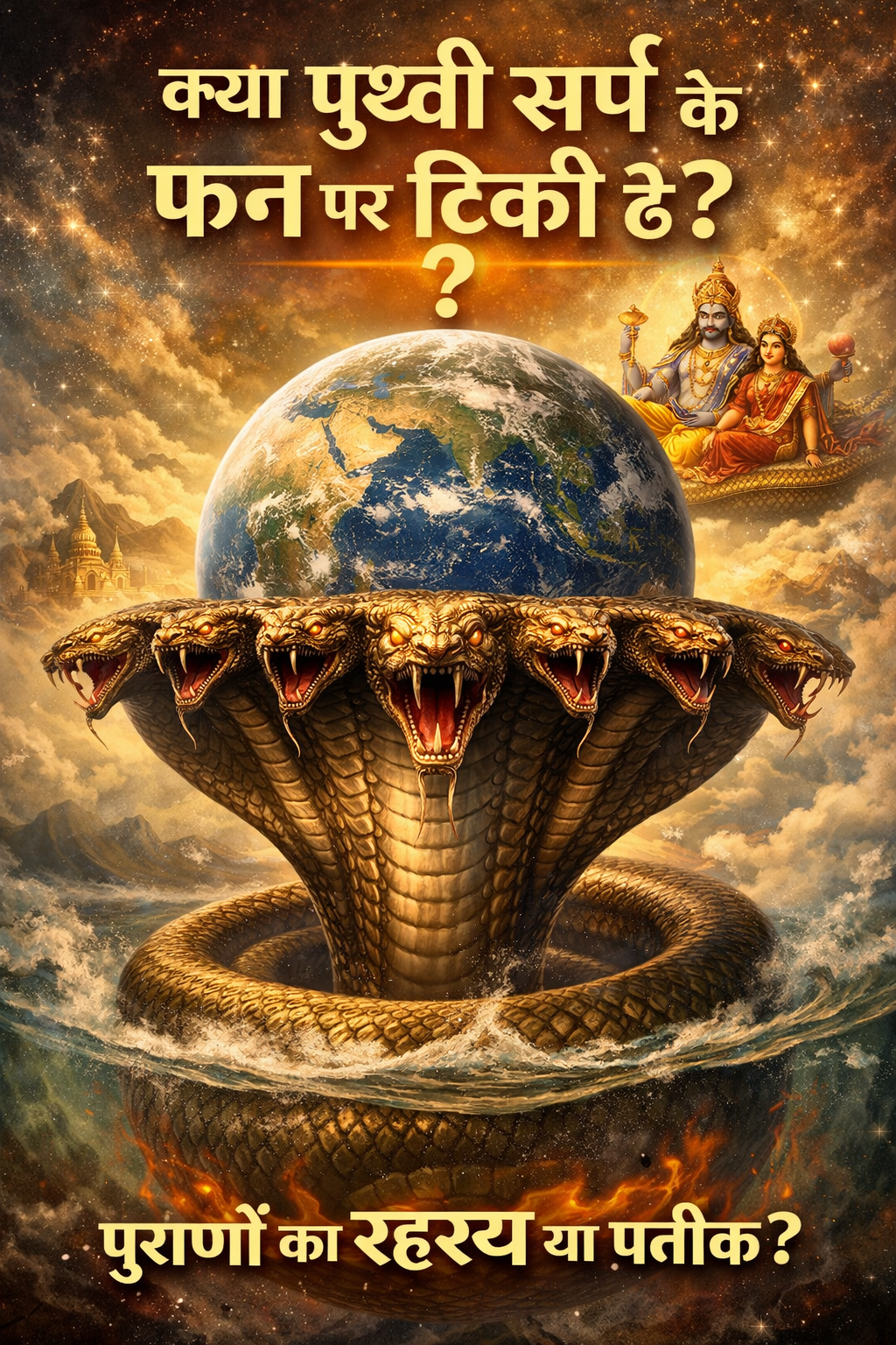 पृथ्वी शेषनाग के फन पर टिकी हुई पौराणिक चित्र, भगवान विष्णु लक्ष्मी के साथ