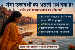 गंगा एकादशी पर गंगा तट पर पूजा करती हुई श्रद्धालु महिला