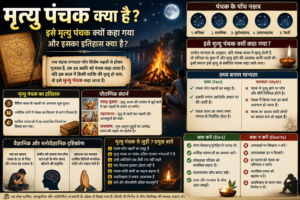 मृत्यु पंचक के पाँच नक्षत्र, इतिहास, पौराणिक संदर्भ और तथ्य बनाम मान्यता दर्शाता हुआ हिंदी इन्फोग्राफिक