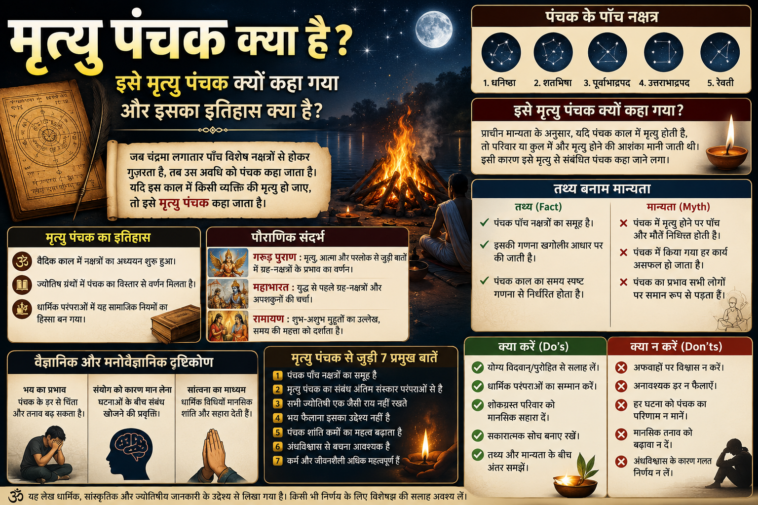 मृत्यु पंचक के पाँच नक्षत्र, इतिहास, पौराणिक संदर्भ और तथ्य बनाम मान्यता दर्शाता हुआ हिंदी इन्फोग्राफिक